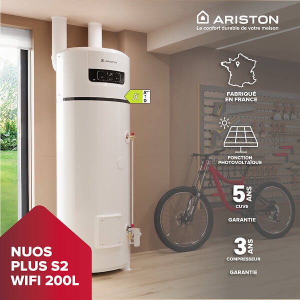 ARISTON - Ariston NUOS S2 PLUS WIFI 200L – Chauffe-eau Thermodynamique Gainable A+, R290, Cuve Titane, Made in France - large