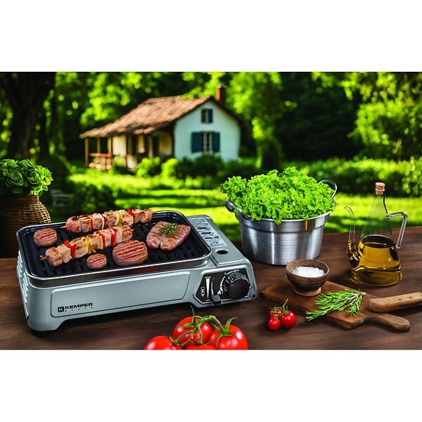KEMPER - Barbecue à gaz portable 1900W Plaque anti adhesive amovible Camping + Mallette de transport KEMPER - large