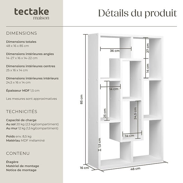 TECTAKE - Étagère murale Kassandra avec 8 compartiments en Bois MDF blanc - large