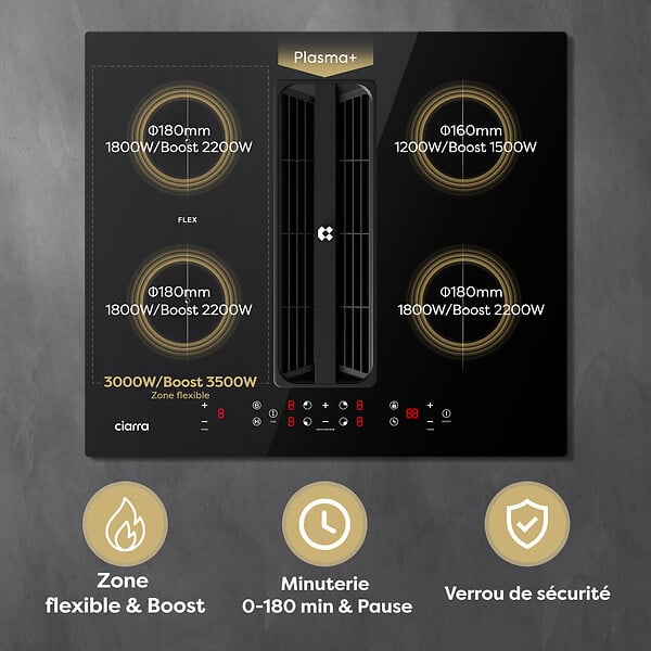 CIARRA - Plaque Induction 59cm avec Hotte Intégrée Table induction aspirante 7000W 4 Foyers Booster Recyclage Evacuation - large