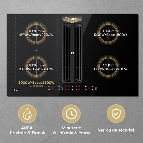CIARRA - Plaque Induction avec Hotte Intégrée 83cm 500m3/h 7000W 4 Foyers Booster Recyclage Evacuation - large