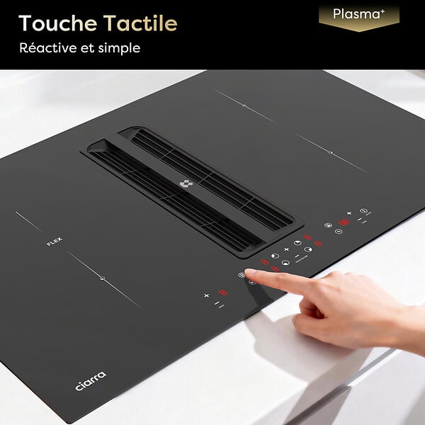 CIARRA - Plaque Induction avec Hotte Intégrée 83cm 500m3/h 7000W 4 Foyers Booster Recyclage Evacuation - large