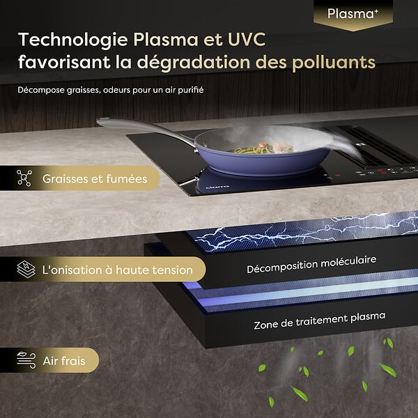 CIARRA - Plaque Induction avec Hotte Intégrée 83cm 500m3/h 7000W 4 Foyers Booster Recyclage Evacuation - large