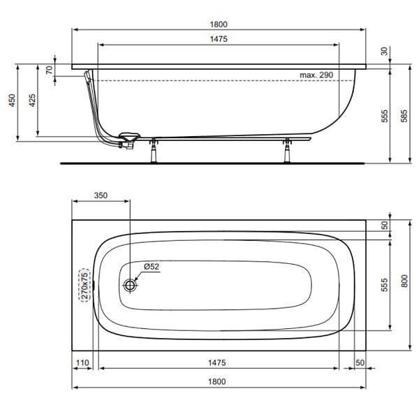IDEAL STANDARD - Baignoire droite 180 x 80 i.Life - large