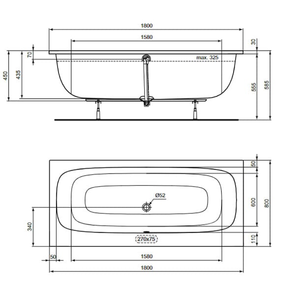 IDEAL STANDARD - Baignoire droite 180 x 80 i.life Duo - large