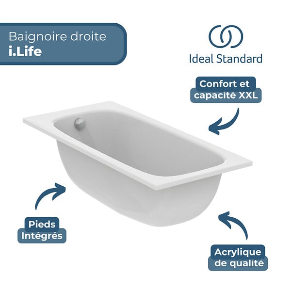 IDEAL STANDARD - Baignoire droite 160 x 70 i.life - large