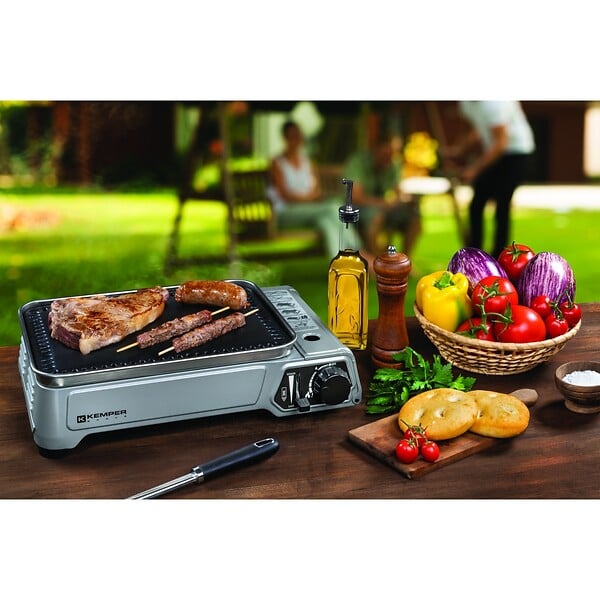 KEMPER - Barbecue à gaz portable 1900W Plaque anti adhesive amovible Camping + Mallette de transport KEMPER - large