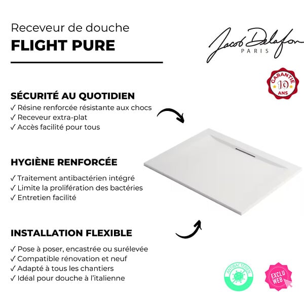 JACOB DELAFON - Receveur de douche 120 x 90 Flight Pure rectangle blanc - large