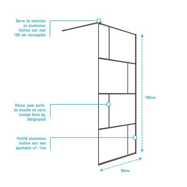 AURLANE - Paroi de retour Sérigraphie Briques 80x180 cm pour Porte de Douche DARK BLOCKS - Profilé Noir Mat - large
