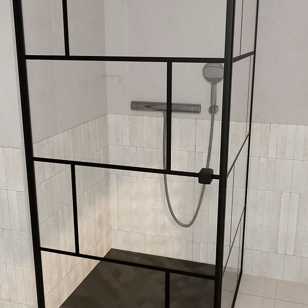 AURLANE - Paroi de retour Sérigraphie Briques 80x180 cm pour Porte de Douche DARK BLOCKS - Profilé Noir Mat - large