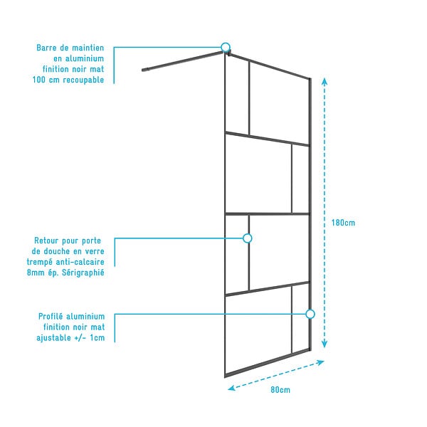 AURLANE - Paroi de Retour 80x180cm Sérigraphie Briques - Verre Anticalcaire 8mm - DARK BLOCS - large