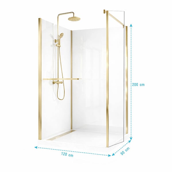 AURLANE - Cabine de Douche à l'Italienne 120x90 Colonne Thermostatique Or Brossé et Receveur Bas Effet Pierre - large