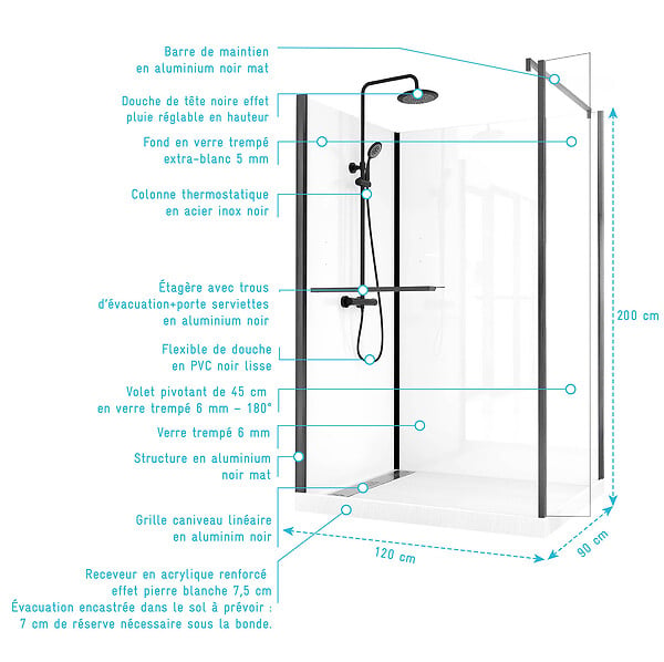 AURLANE - Cabine de Douche à l'Italienne 120x90 - Colonne Thermostatique Noire et Receveur Bas Effet Pierre - large