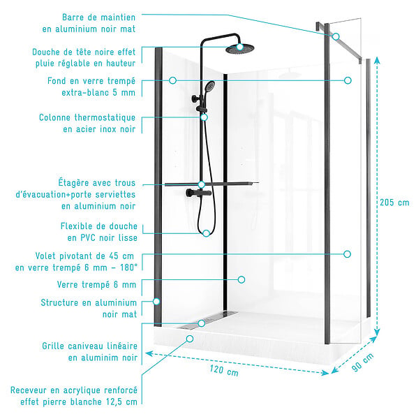 AURLANE - Cabine de Douche à l'Italienne 120x90 - Colonne Thermostatique Noire et Receveur Haut Effet Pierre - large