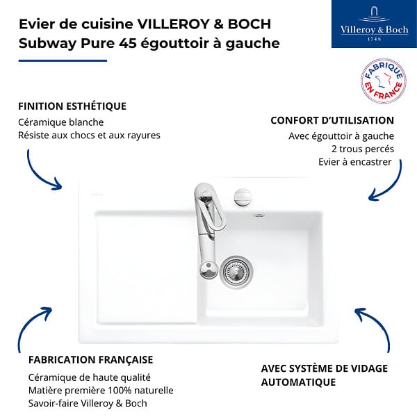 VILLEROY ET BOCH - Evier 1 bac avec egouttoir a gauche  Subway Pure 45 78 x 51 cm Blanc vidage automatique inclus - large