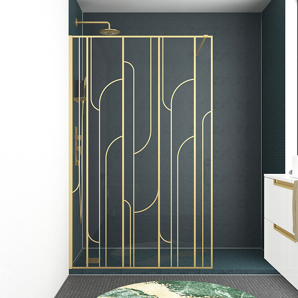 AURLANE - Paroi de douche à l'italienne 120x195cm Sérigraphie Art Déco Arrondie - Or Brossé - GATSBY - large