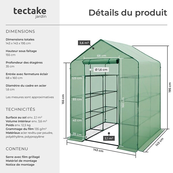 TECTAKE - Serre de jardin souple 2,04 m² 143x143x195cm vert - large