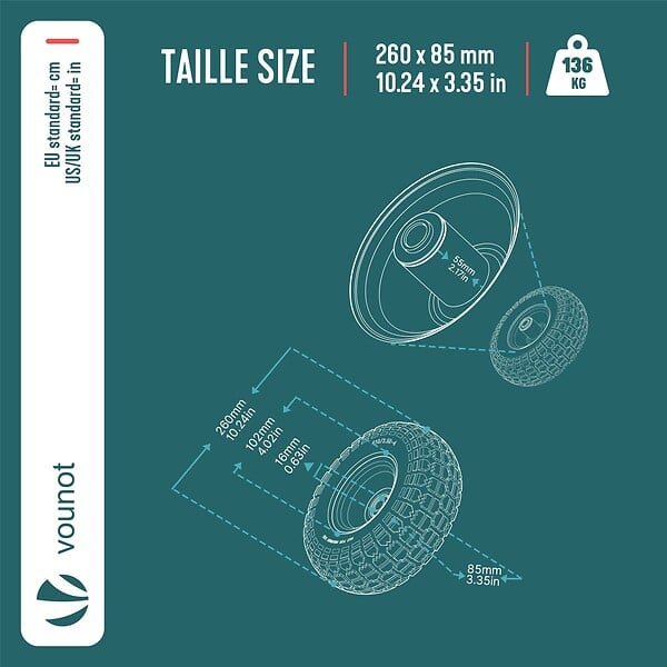 VOUNOT - Roue increvable 3.5-4 en PU pour brouette diable alesage 16mm 260x85mm Jaune - large