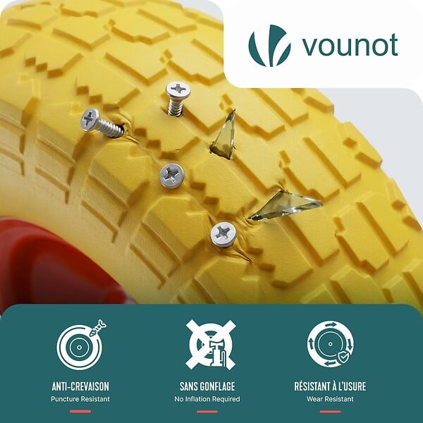 VOUNOT - Roue increvable 3.5-4 en PU pour brouette diable alesage 16mm 260x85mm Jaune - large
