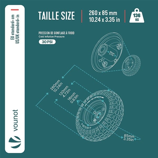 VOUNOT - Lot de 2 Roue gonflable robuste 3.5-4 pour chariot brouette alesage 16mm 260x85mm metal - large