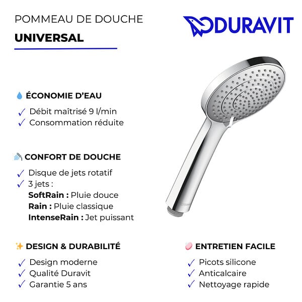 DURAVIT - Pommeau de douche 3 jets Universal avec curseur chromé + flexible de douche - large