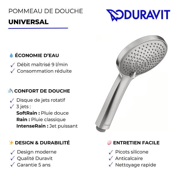 DURAVIT - Pommeau de douche 3 jets Universal avec curseur chromé + flexible de douche - large