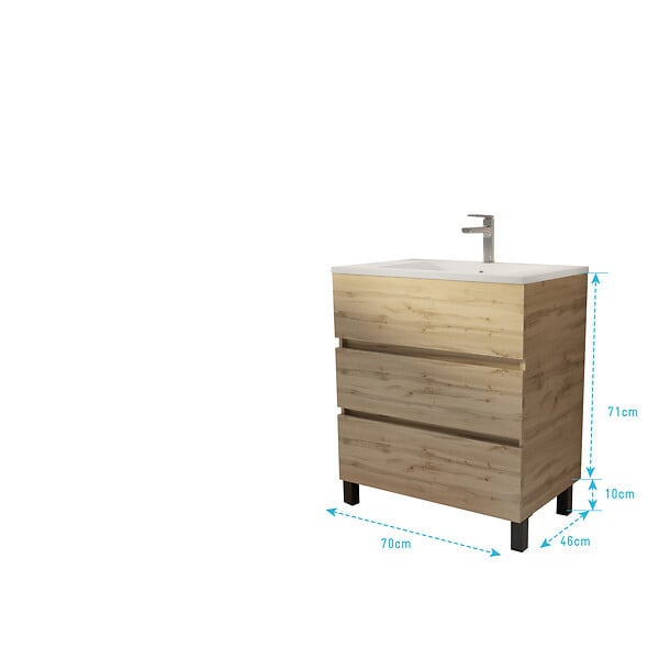 AURLANE - Meuble de salle de bains 70 cm TIMBER - Décor Chêne Naturel 3 tiroirs avec Vasque blanche - large