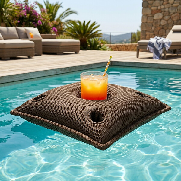 SOO  SANTAI - Coussin piscine flottant porte-verres 75x75 cm brun – billes incluses (à remplir) – intérieur / extérieur (PPF7575-5-SET) - large