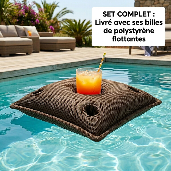 SOO  SANTAI - Coussin piscine flottant porte-verres 75x75 cm brun – billes incluses (à remplir) – intérieur / extérieur (PPF7575-5-SET) - large