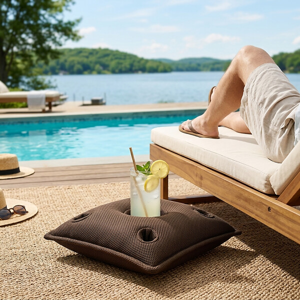 SOO  SANTAI - Coussin piscine flottant porte-verres 75x75 cm brun – billes incluses (à remplir) – intérieur / extérieur (PPF7575-5-SET) - large