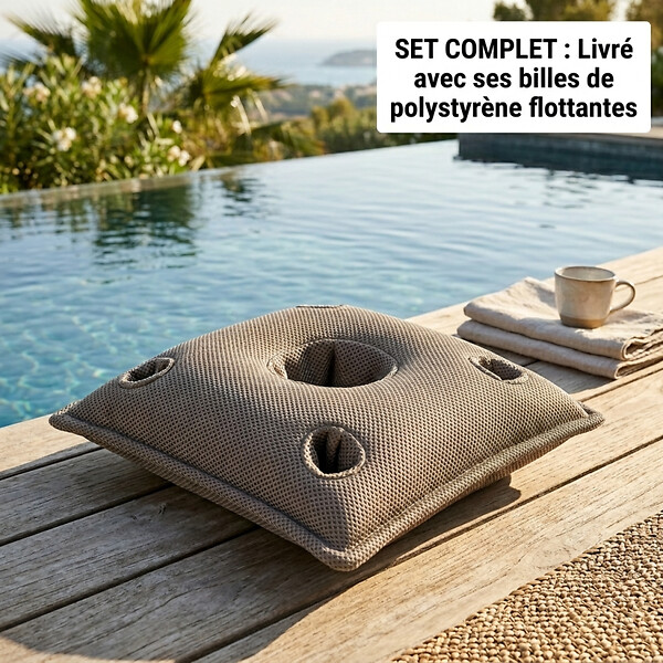 SOO  SANTAI - Coussin piscine flottant porte-verres 75x75 cm gris – billes incluses (à remplir) – intérieur / extérieur (PPF7575-1-SET) - large