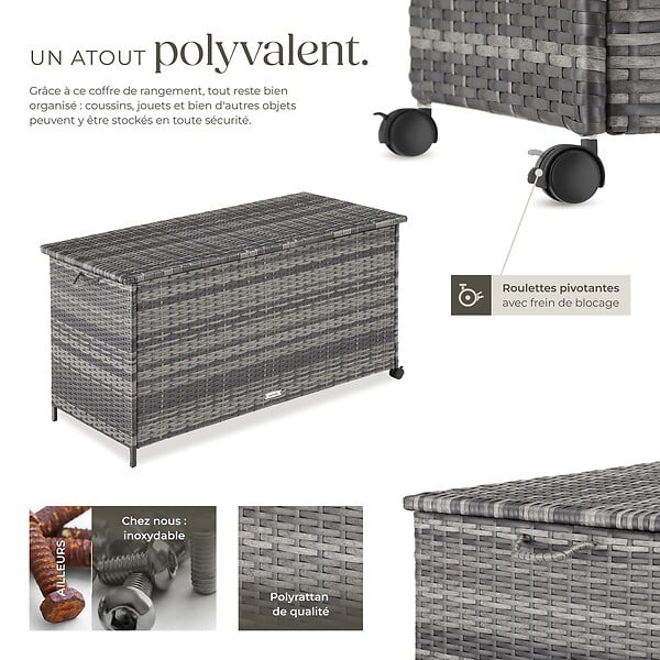 TECTAKE - Coffre de rangement extérieur 253 litres aluminium 2 roulettes pivotantes avec frein gris 116 x 54 x 64 cm - large