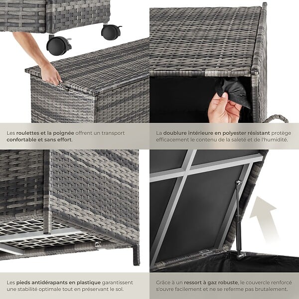 TECTAKE - Coffre de rangement extérieur 253 litres aluminium 2 roulettes pivotantes avec frein gris 116 x 54 x 64 cm - large