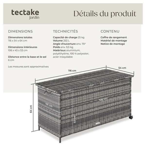 TECTAKE - Coffre de rangement extérieur 253 litres aluminium 2 roulettes pivotantes avec frein gris 116 x 54 x 64 cm - large