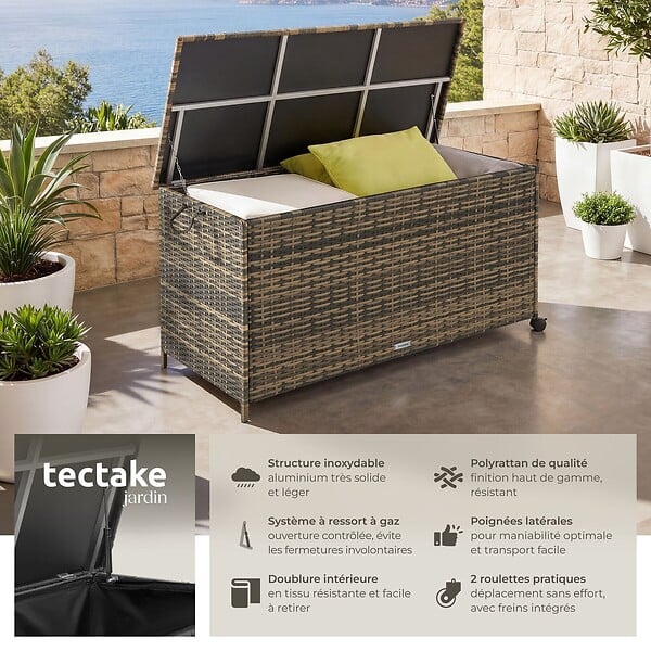 TECTAKE - Coffre de rangement extérieur 253 litres aluminium 2 roulettes pivotantes avec frein marron naturel 116 x 54 x 64 cm - large