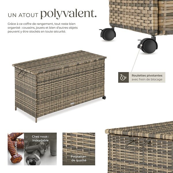 TECTAKE - Coffre de rangement extérieur 253 litres aluminium 2 roulettes pivotantes avec frein marron naturel 116 x 54 x 64 cm - large