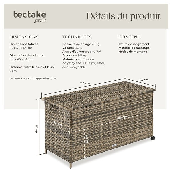 TECTAKE - Coffre de rangement extérieur 253 litres aluminium 2 roulettes pivotantes avec frein marron naturel 116 x 54 x 64 cm - large