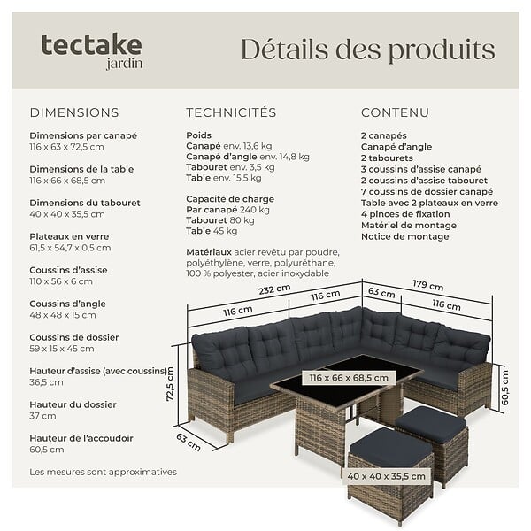 TECTAKE - Canapé de jardin BARLETTA modulable marron naturel - large