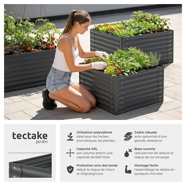 TECTAKE - Bac à fleurs surélevé en acier galvanisé gris anthracite 100 x 100 x 62 cm bords arrondis 600 l gants compris - large