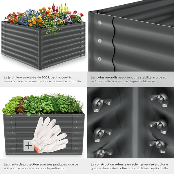 TECTAKE - Bac à fleurs surélevé en acier galvanisé gris anthracite 100 x 100 x 62 cm bords arrondis 600 l gants compris - large