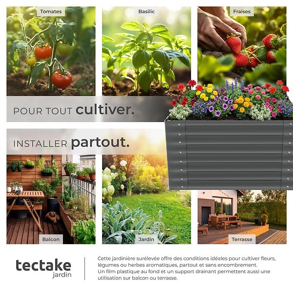 TECTAKE - Bac à fleurs surélevé en acier galvanisé gris anthracite 100 x 100 x 62 cm bords arrondis 600 l gants compris - large