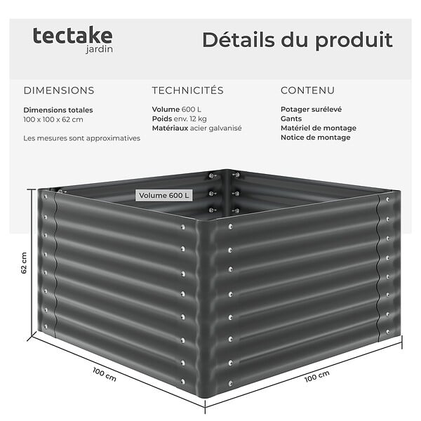 TECTAKE - Bac à fleurs surélevé en acier galvanisé gris anthracite 100 x 100 x 62 cm bords arrondis 600 l gants compris - large
