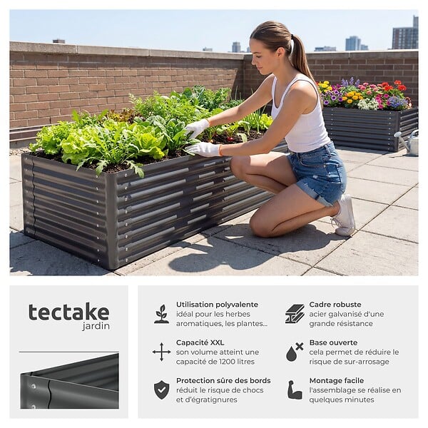 TECTAKE - Bac à fleurs surélevé en acier galvanisé gris anthracite 200 x 100 x 62 cm stable ergonomique 1200 l gants compris - large