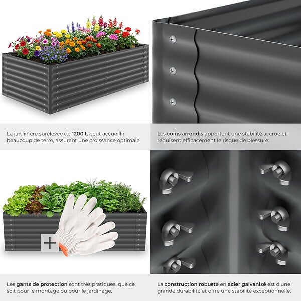 TECTAKE - Bac à fleurs surélevé en acier galvanisé gris anthracite 200 x 100 x 62 cm stable ergonomique 1200 l gants compris - large