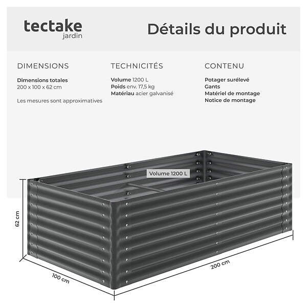 TECTAKE - Bac à fleurs surélevé en acier galvanisé gris anthracite 200 x 100 x 62 cm stable ergonomique 1200 l gants compris - large