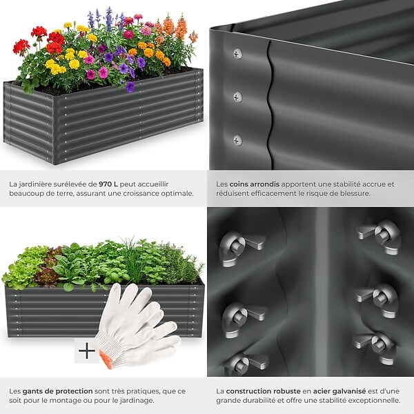 TECTAKE - Bac à fleurs surélevé en acier galvanisé anthracite 200x80x62cm 970L jardinière potager ergonomique fond ouvert coins arrondis sécurité - large