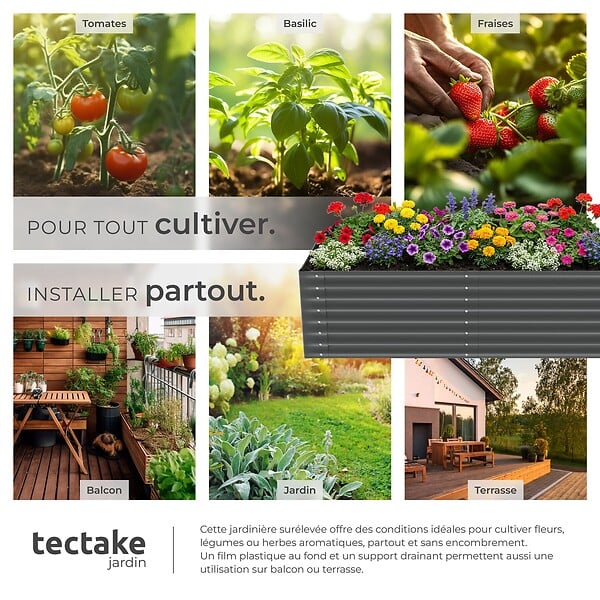TECTAKE - Bac à fleurs surélevé en acier galvanisé anthracite 200x80x62cm 970L jardinière potager ergonomique fond ouvert coins arrondis sécurité - large