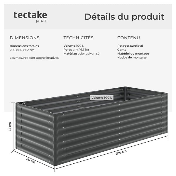 TECTAKE - Bac à fleurs surélevé en acier galvanisé anthracite 200x80x62cm 970L jardinière potager ergonomique fond ouvert coins arrondis sécurité - large