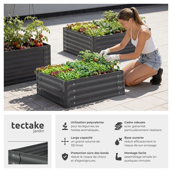 TECTAKE - Jardin surélevé en acier galvanisé gris 80x60x30cm bac potager plate bande surélevée carré potager extérieur culture légumes 130L - large