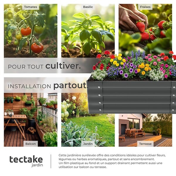 TECTAKE - Jardin surélevé en acier galvanisé gris 80x60x30cm bac potager plate bande surélevée carré potager extérieur culture légumes 130L - large